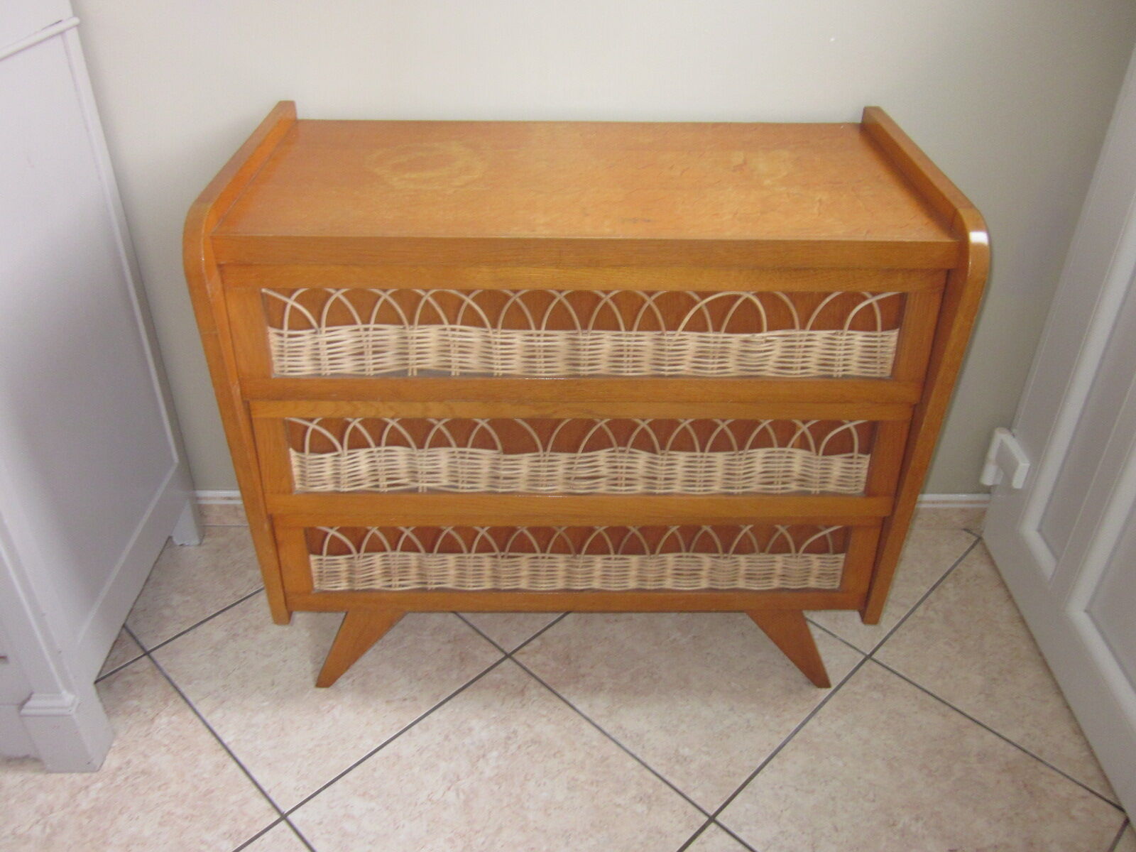 Vintage wood and rattan dresser
