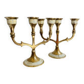 Pair of 3-light mother-of-pearl and brass candlesticks