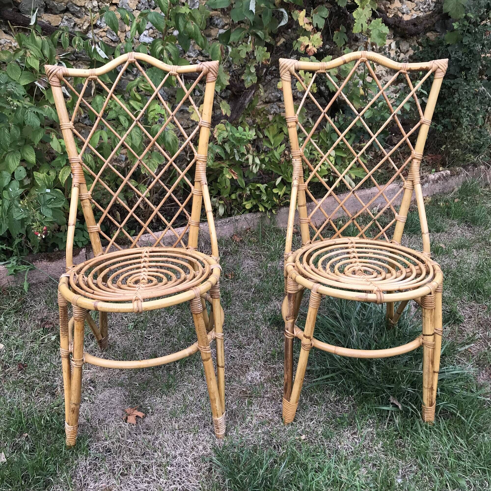 Pair of Louis Sognot chairs in vintage rattan 1960