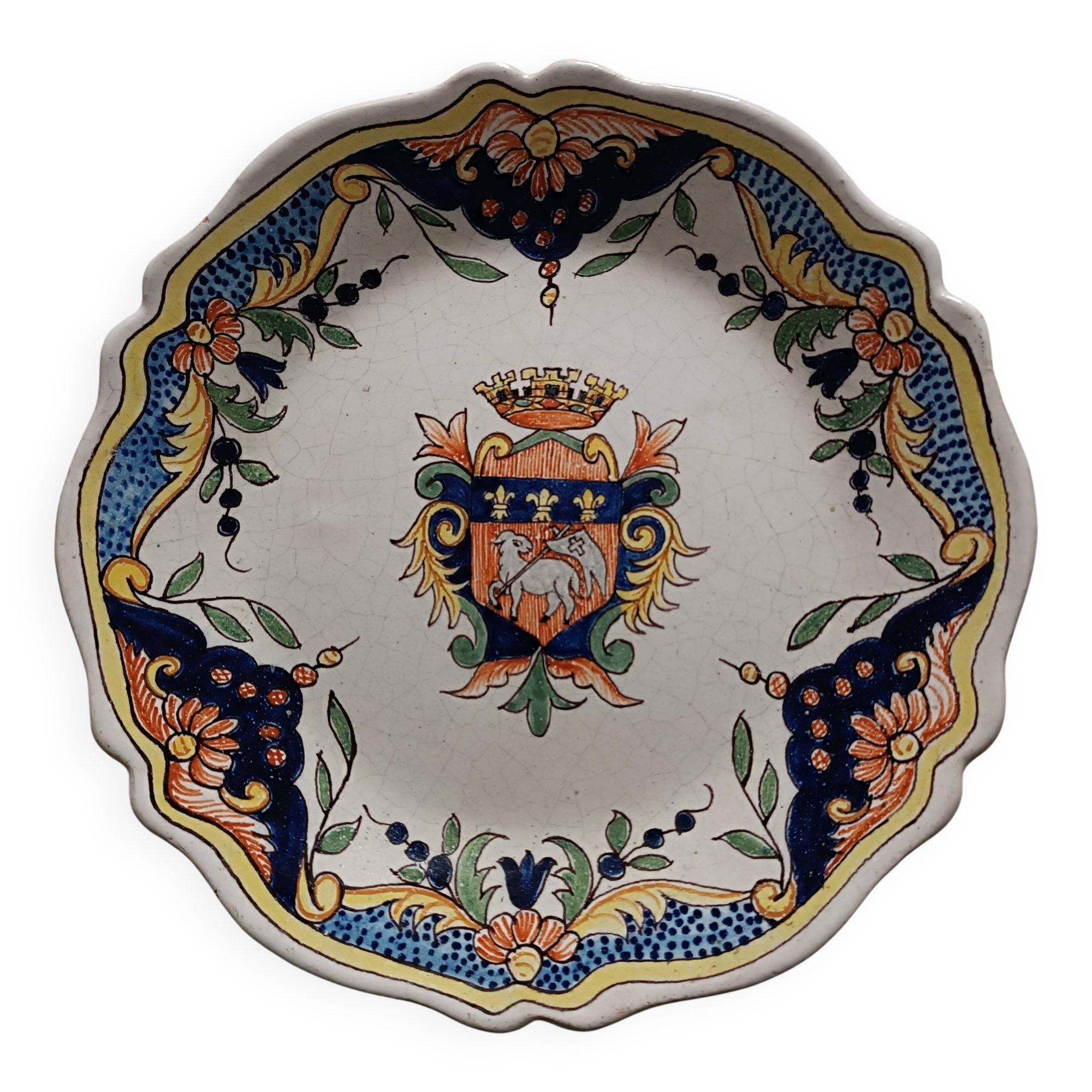 Malicorne earthenware plate with Rouen Beatrix Pouplard coat of arms