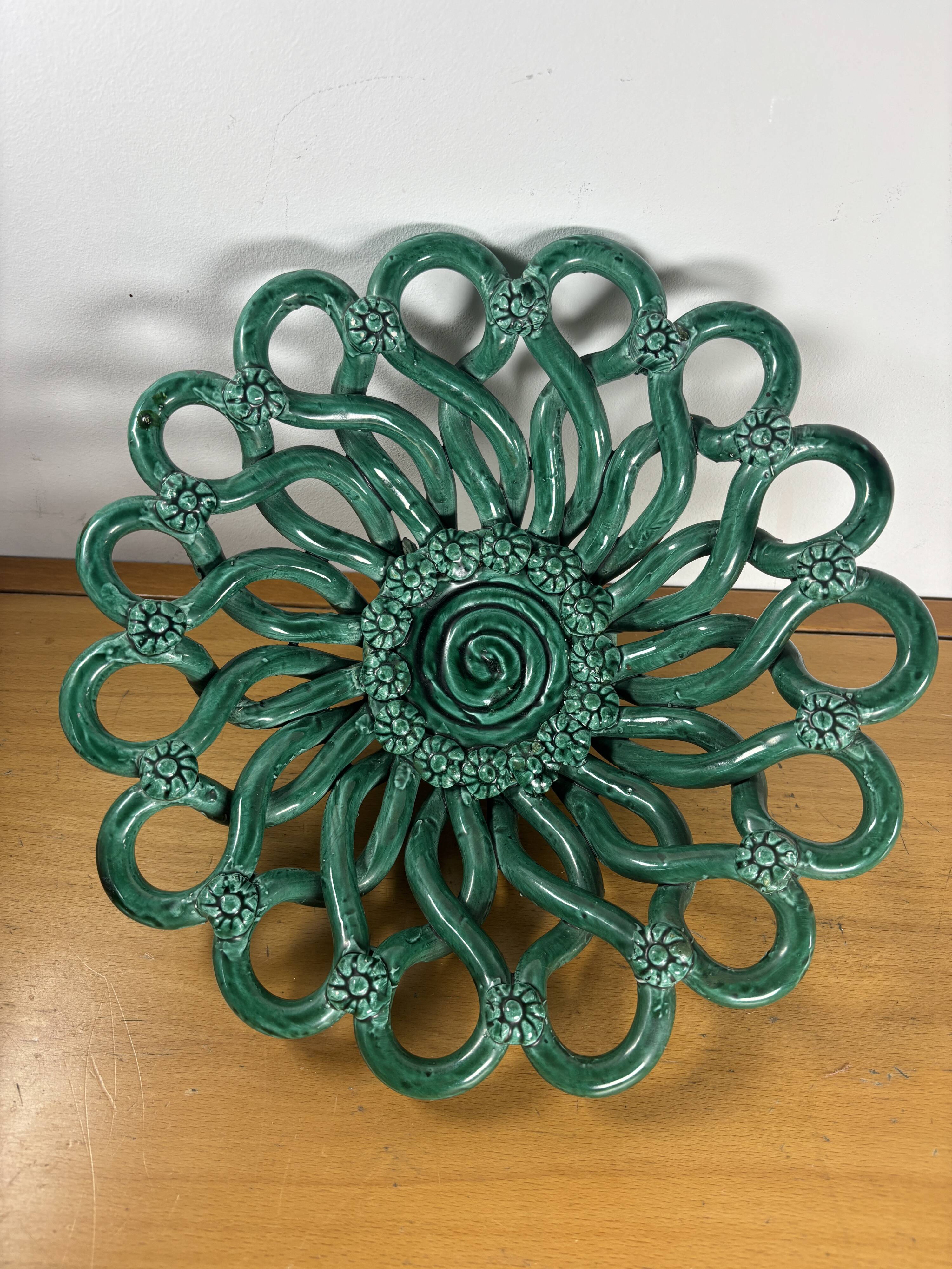 Openwork green ceramic bowl from Vallauris, 1950s.