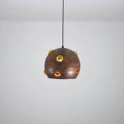 Large, globular brutalist hanging lamp in copper / glass by Peill & Putzler
