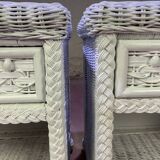 Pair of white lacquered rattan bedside tables