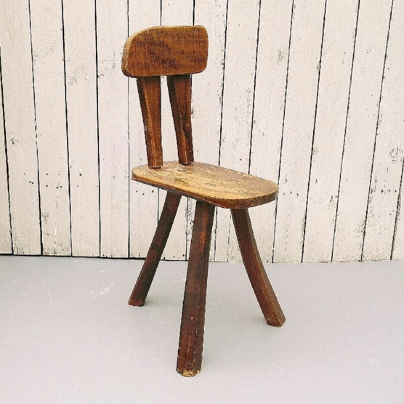 Vintage brutalist wooden tripod chair