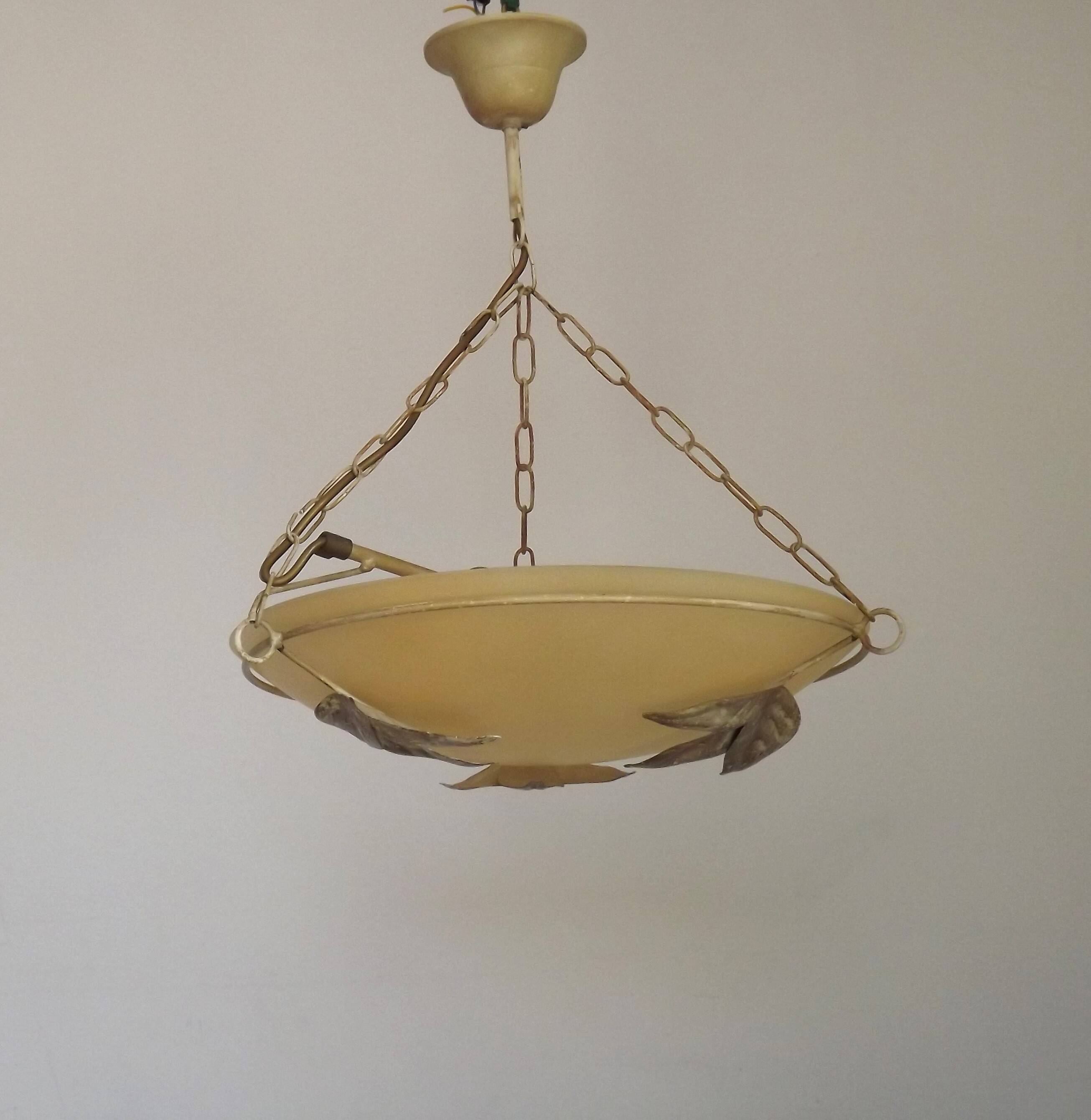 Italian Metal Ceiling Light Gold Leaf Detail Frosted Glass Bowl Shade