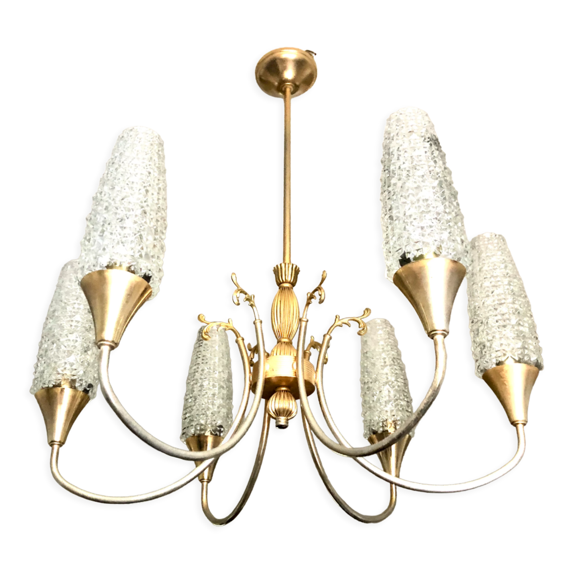 Lustre doré néoclassique 6 tulipes 1960