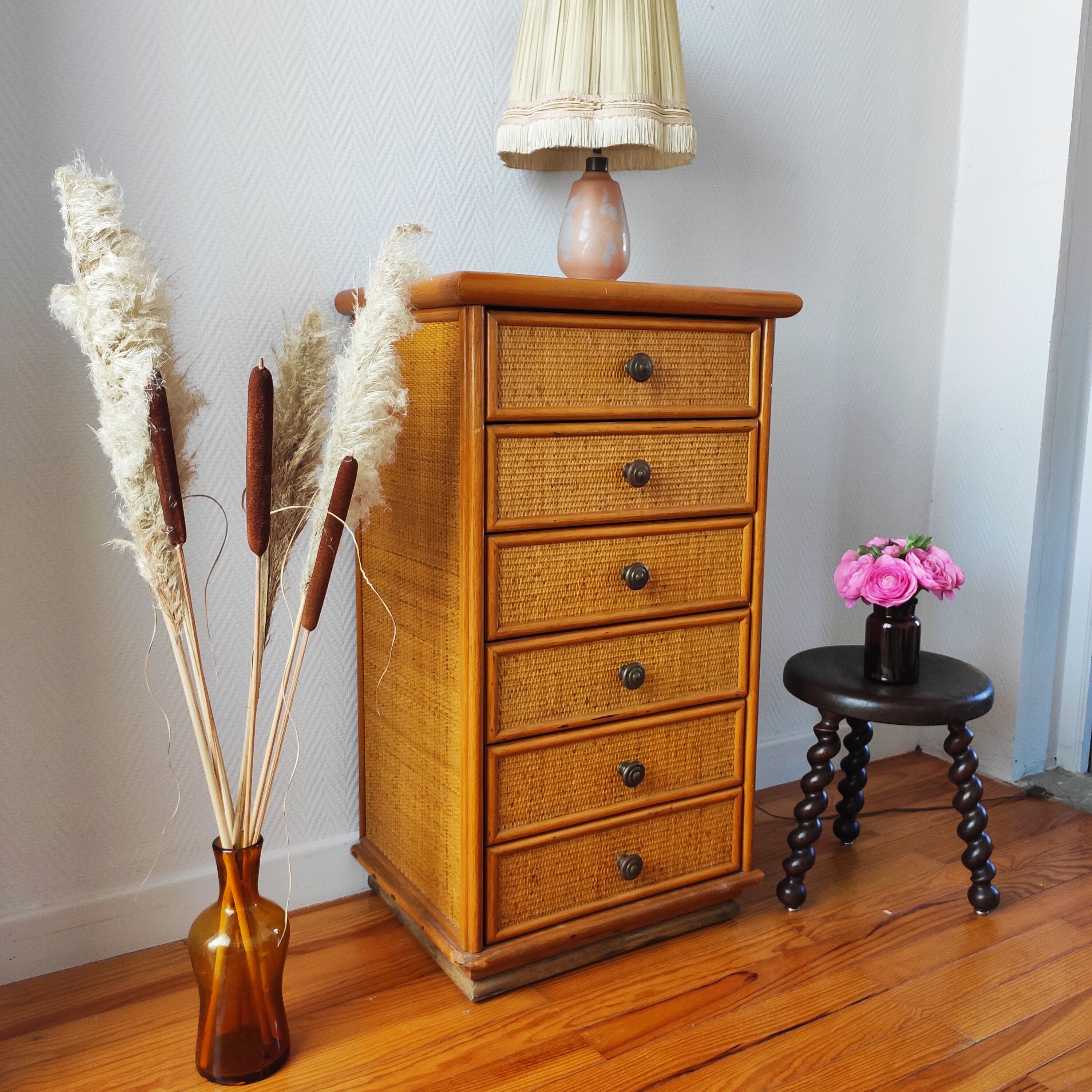 Vintage rattan rag chest of drawers