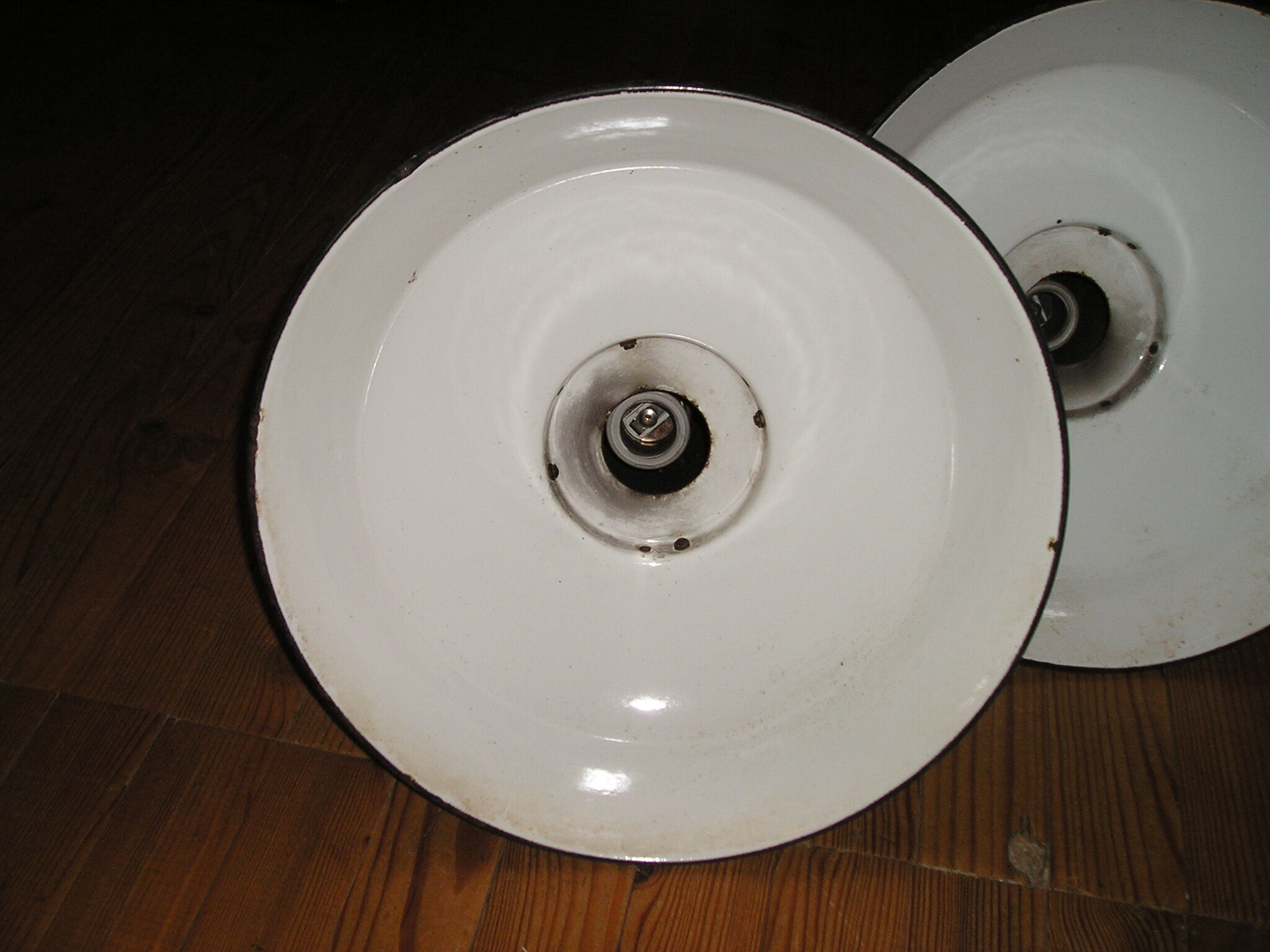 Pair of enameled sheet metal pendants