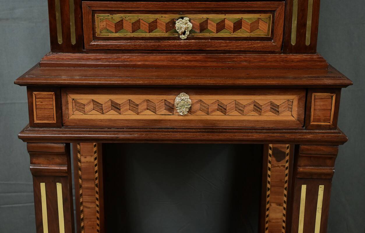Rare small marquetry display cabinet, louis xvi style – mid 19th century