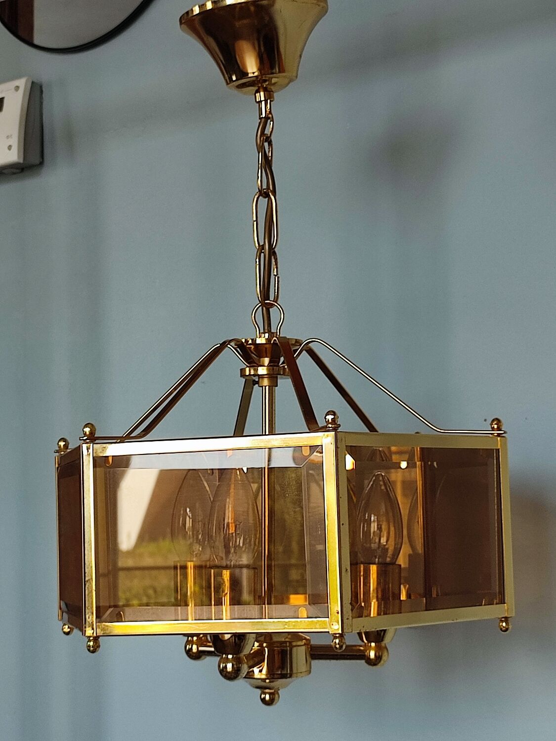 Brass pendant lamp and five-faceted vintage smoked glasses