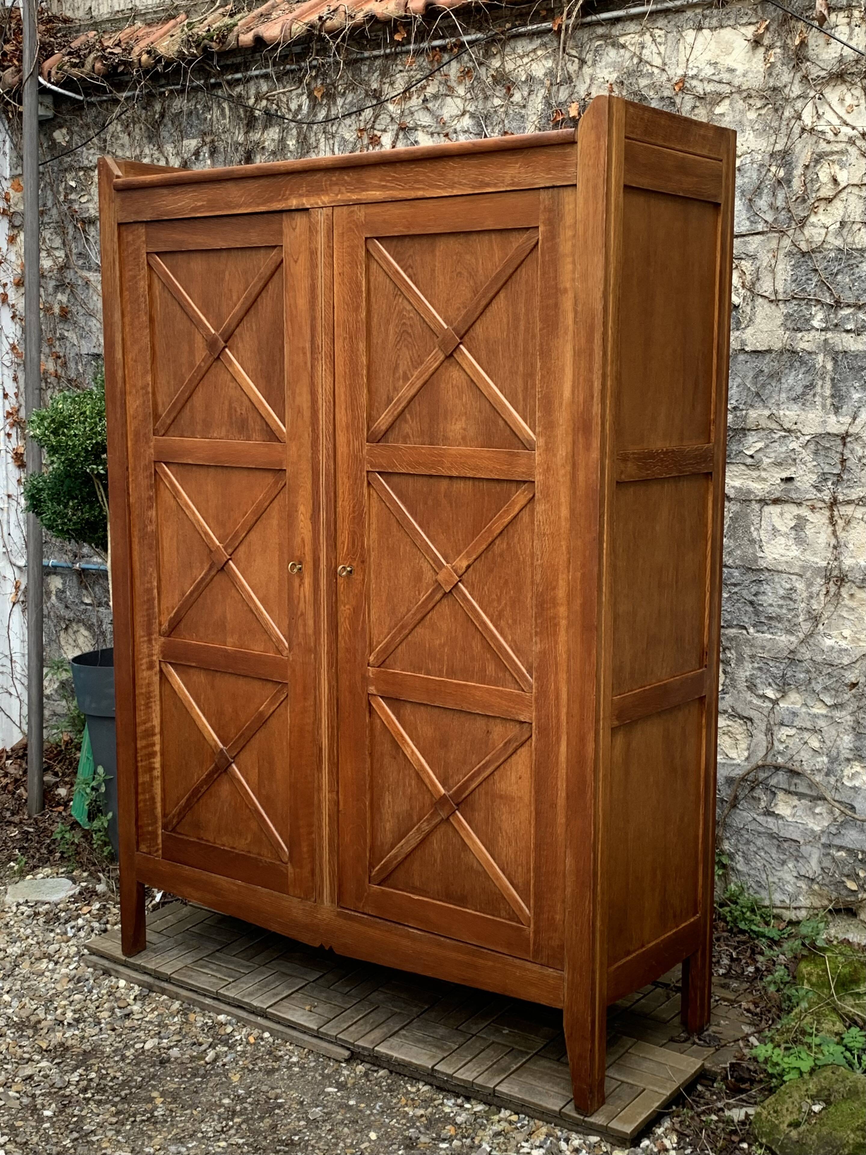 Vintage solid oak cross-braced wardrobe 1940