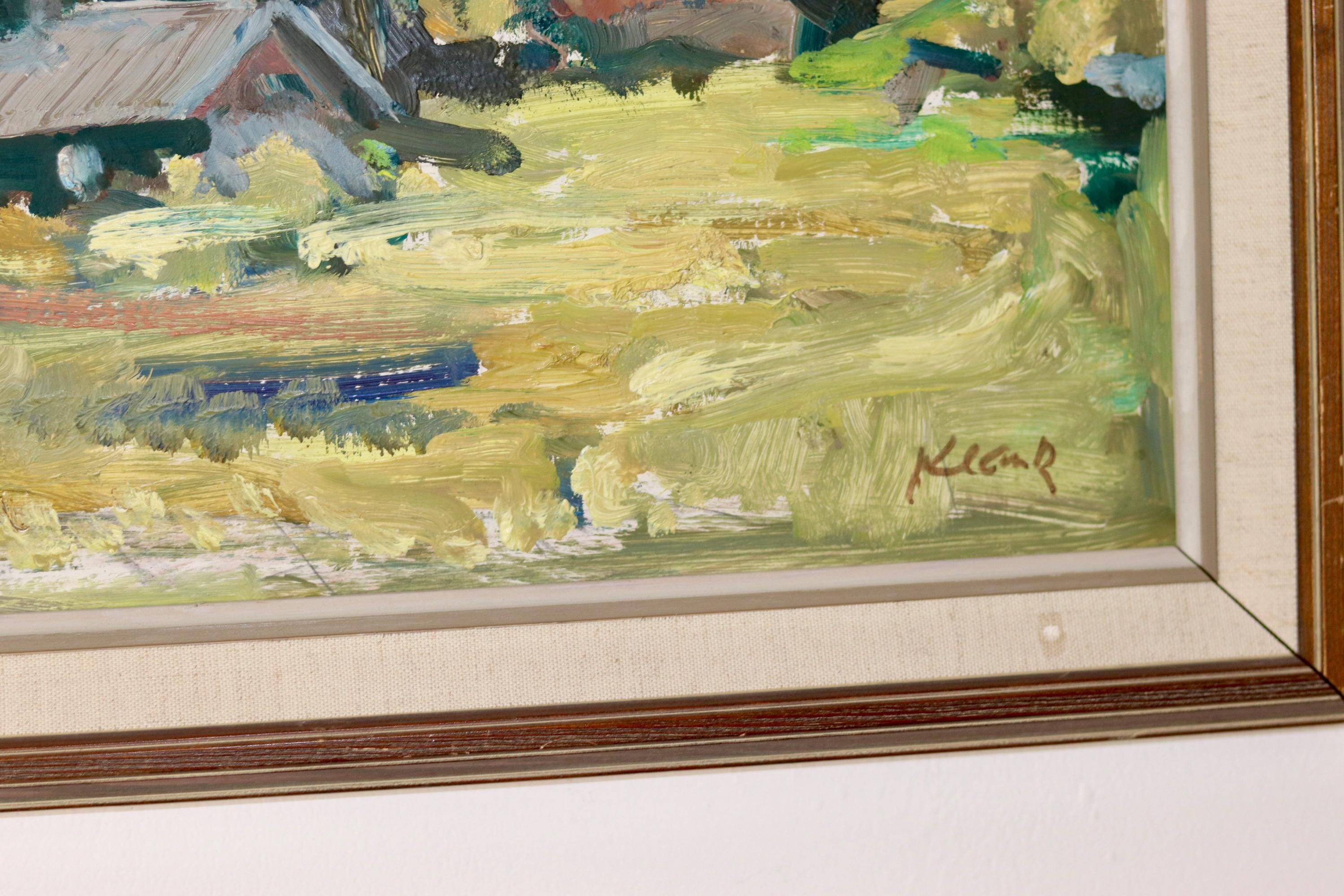 Oil painting on vintage panel "Mountain Cabin with Forest and Hills" - Vintage and framed