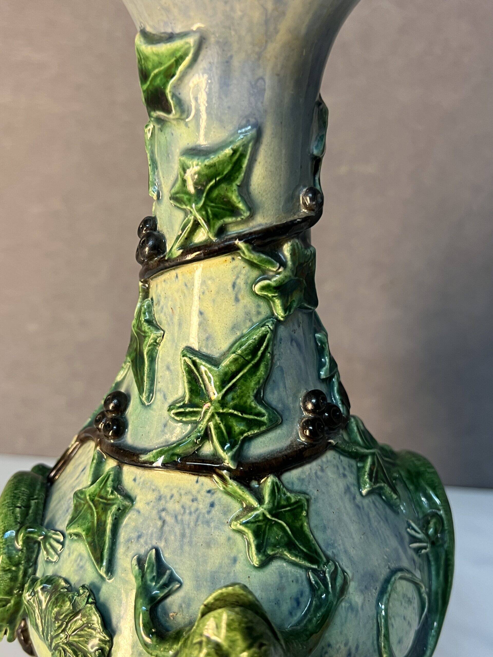 Majolica Palissy vase, dating from the Victorian era circa 1890