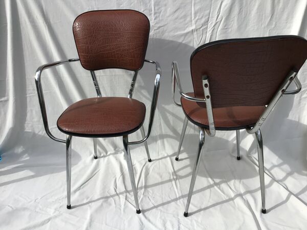 2 fauteuils cuisine métal chromé skaï marron 60’s