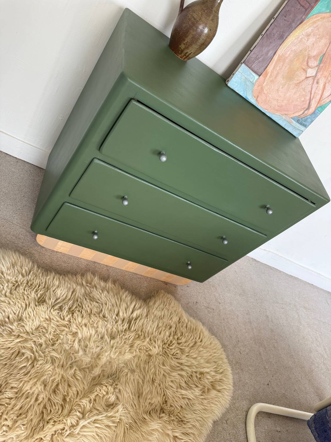 Vintage olive green chest of drawers with striped base