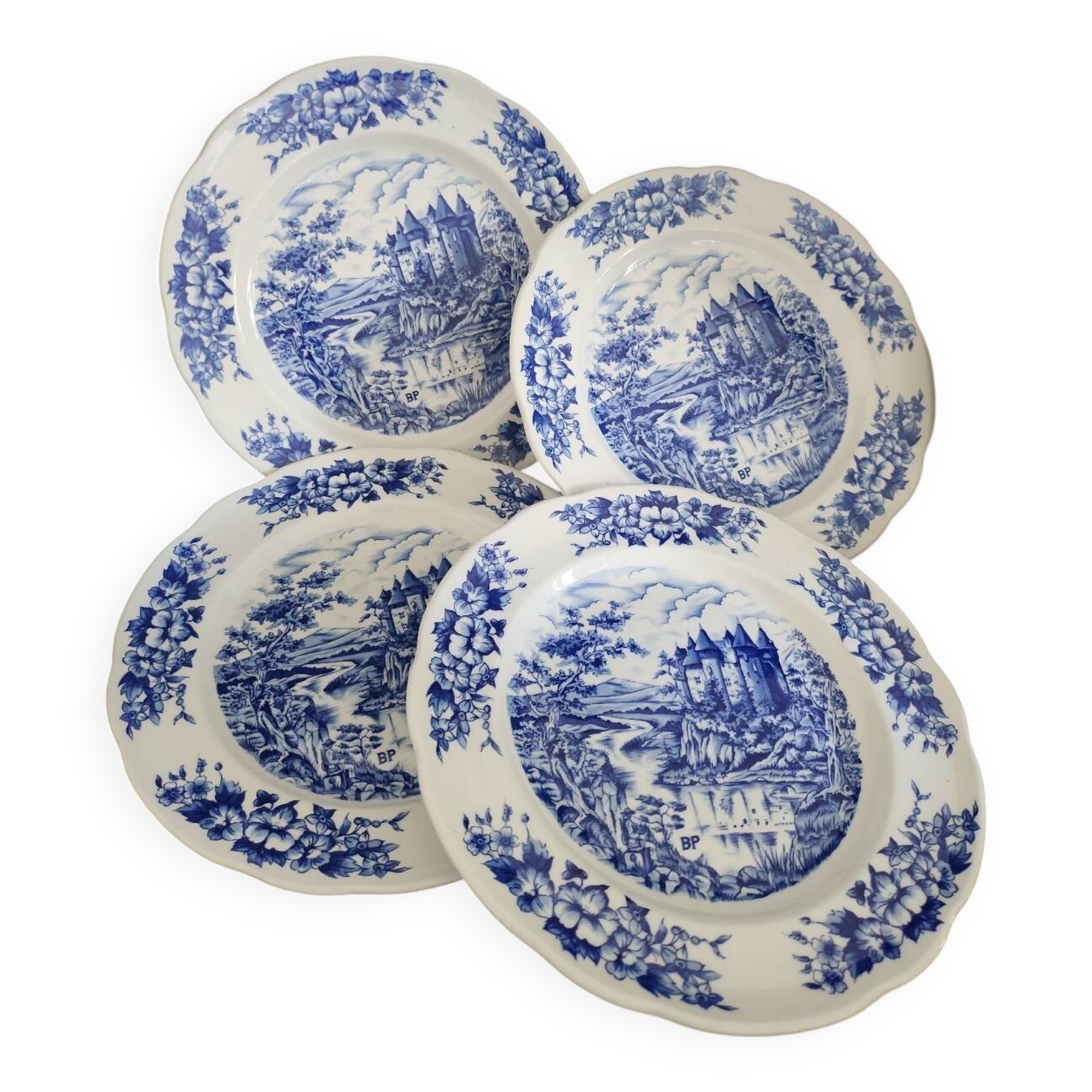 Set of 4 Pyroblan porcelain plates with vintage blue and white decor