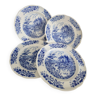 Lot de 4 assiettes en porcelaine Pyroblan au décor vintage bleu et blanc