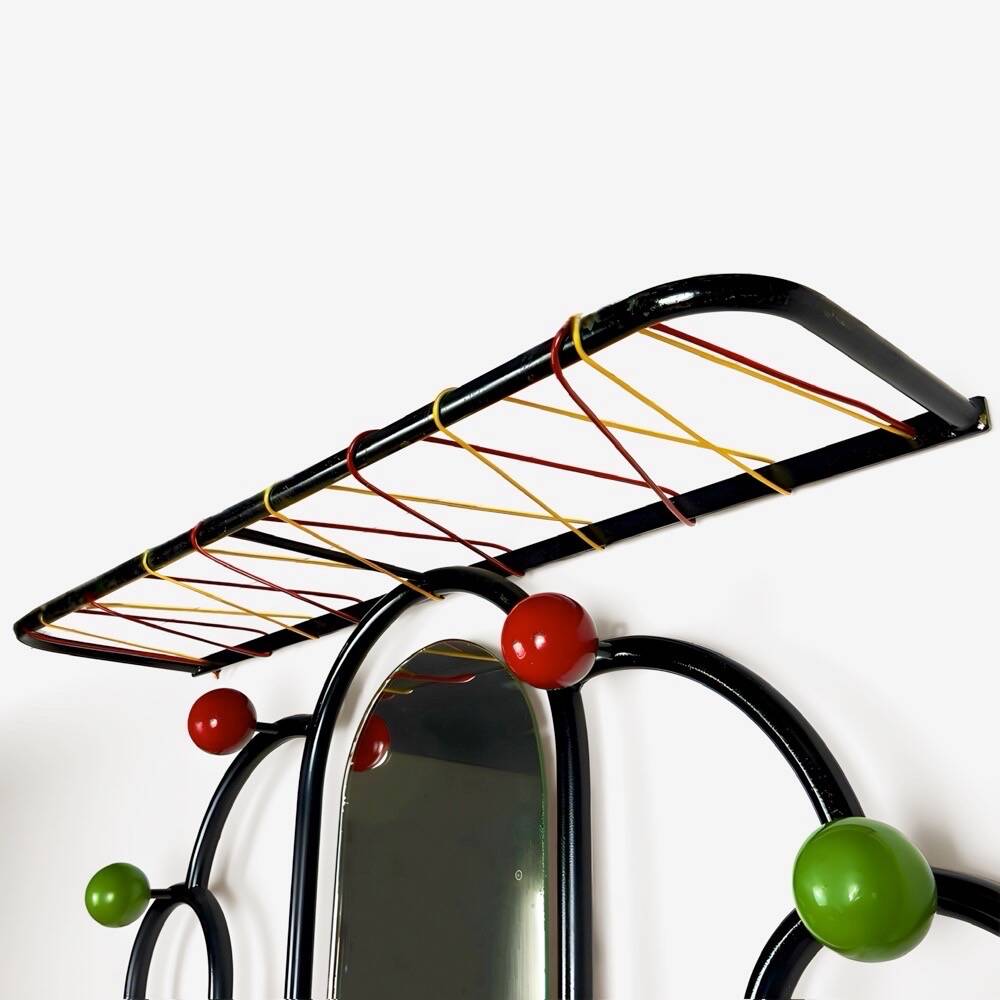 Metal coat rack with wooden balls and scoubidou from the 1960s.
