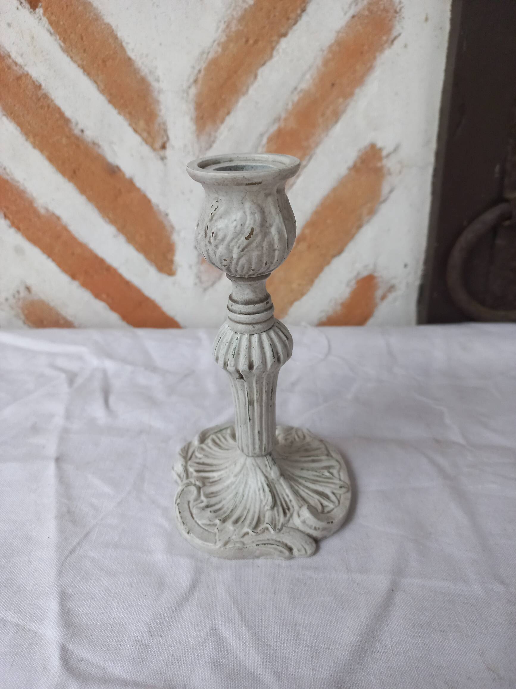 Candlestick holder patinated white gray