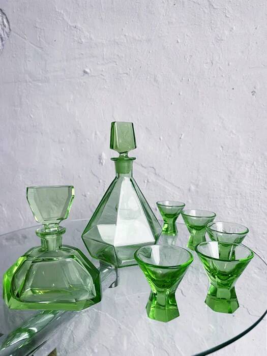 Green glass Art Deco liquor  set, Czechoslovakia 1920s-1930s