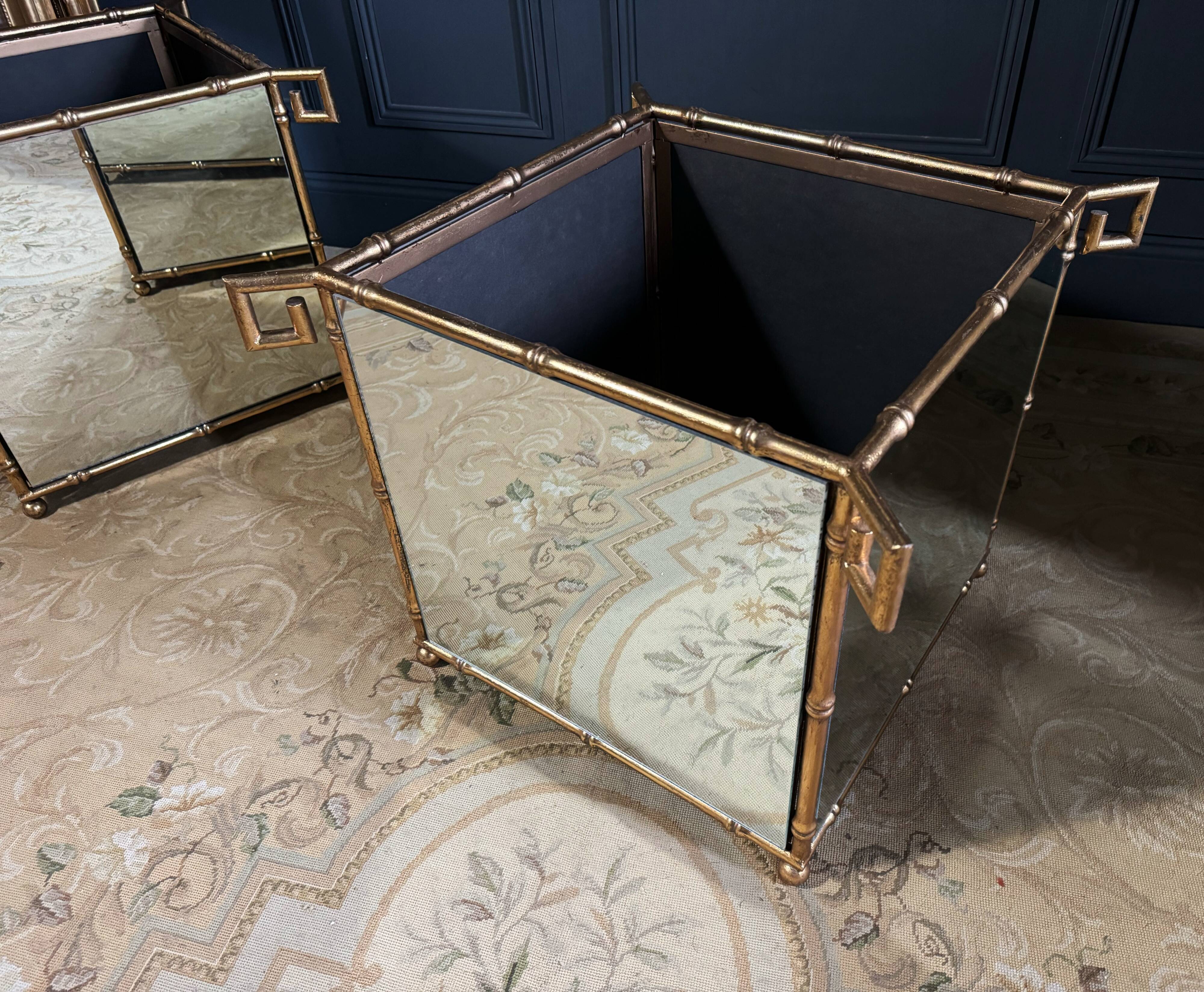 Pair of "bamboo" model planters in gold metal and glass from the 70s