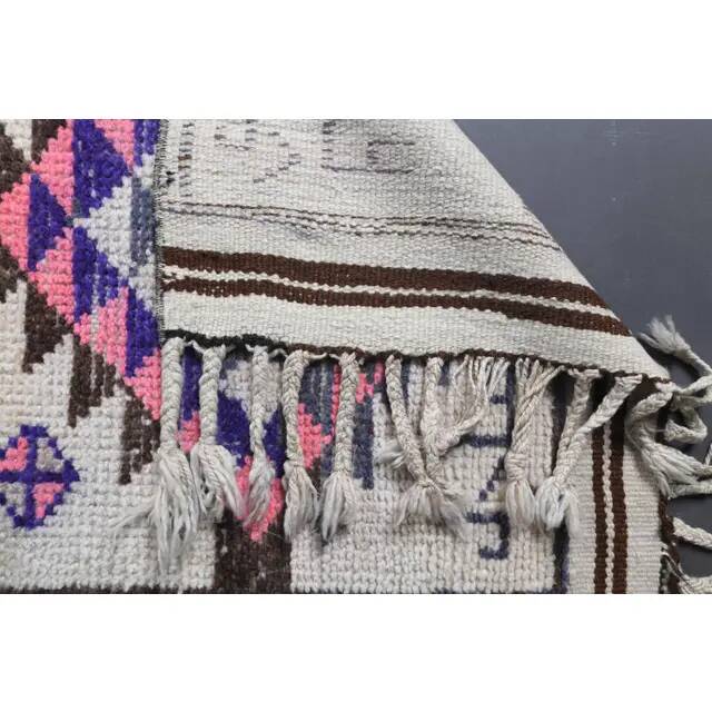 1970s Natural White Geometric Turkish Hand-Knotted Runner 80x365