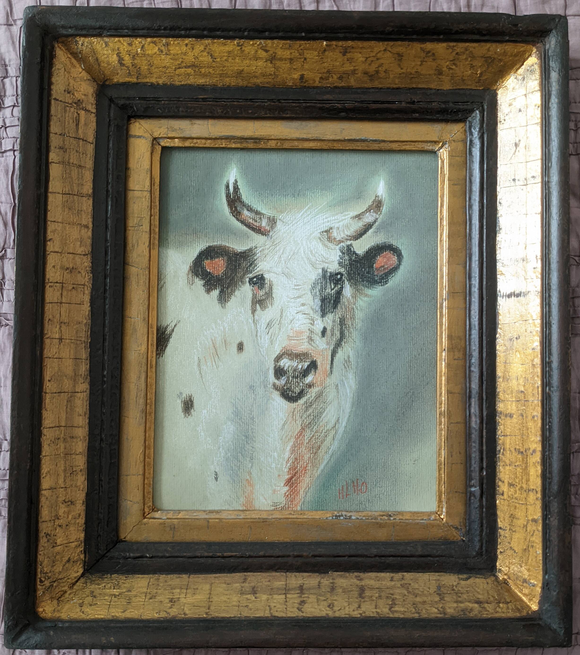 Animal pastel, study of a white cow.