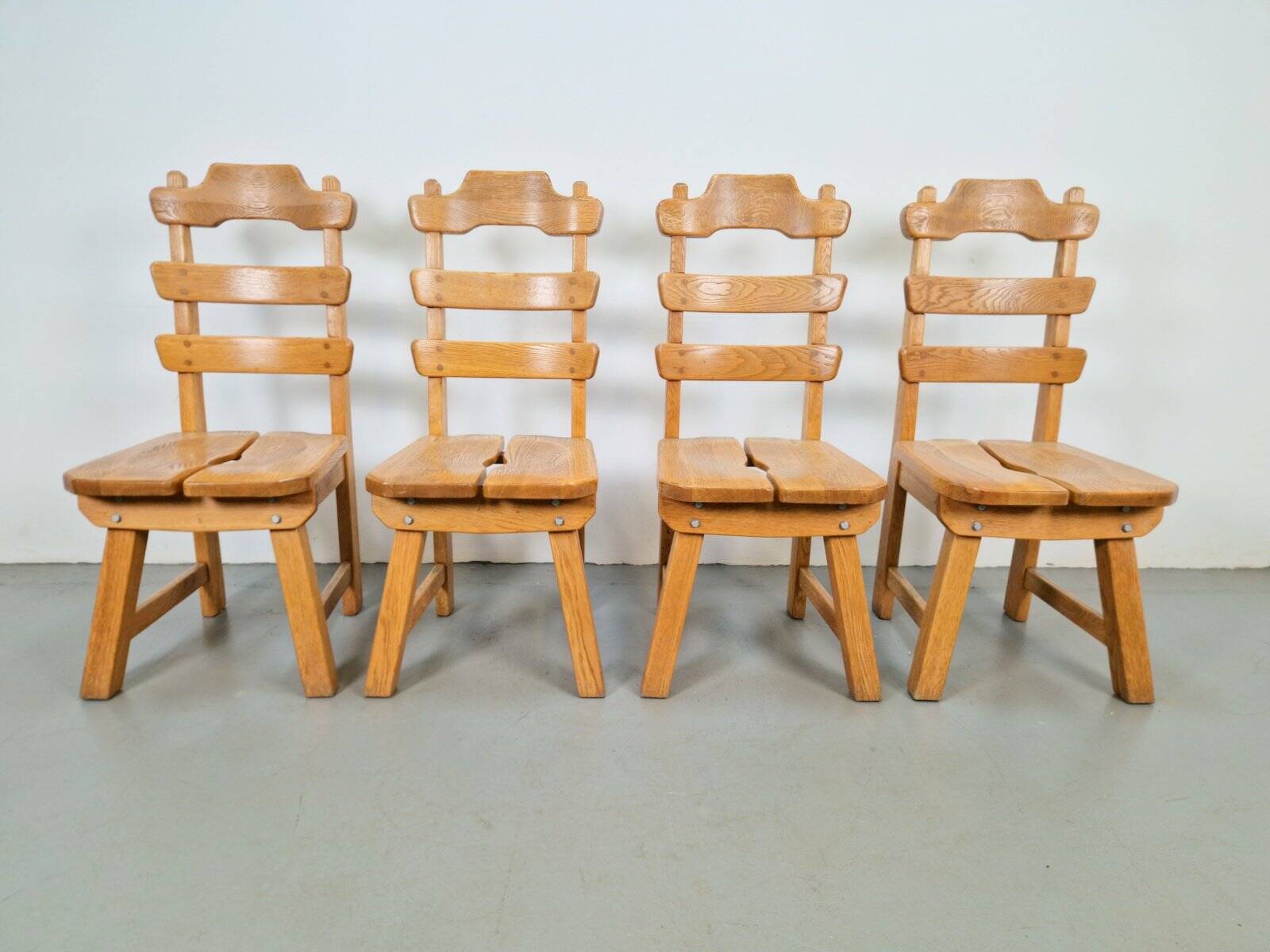 Dutch Brutalist Dining Chairs with Ladder Backrests in Oak, 1960s, Set of 4