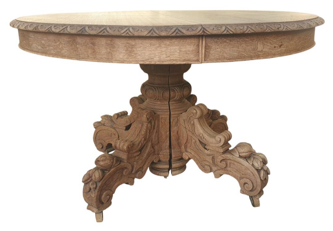 Table with central leg in solid oak, natural wood, carved base