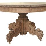 Table with central leg in solid oak, natural wood, carved base