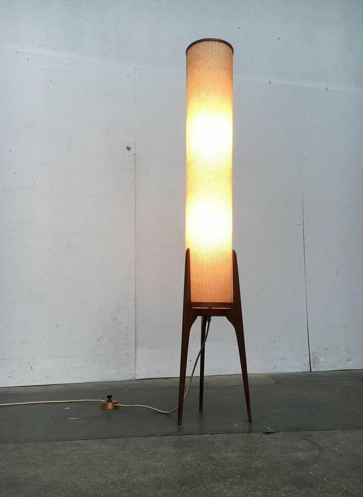 Mid-century tripod rocket floor lamp in teak, 1960s.