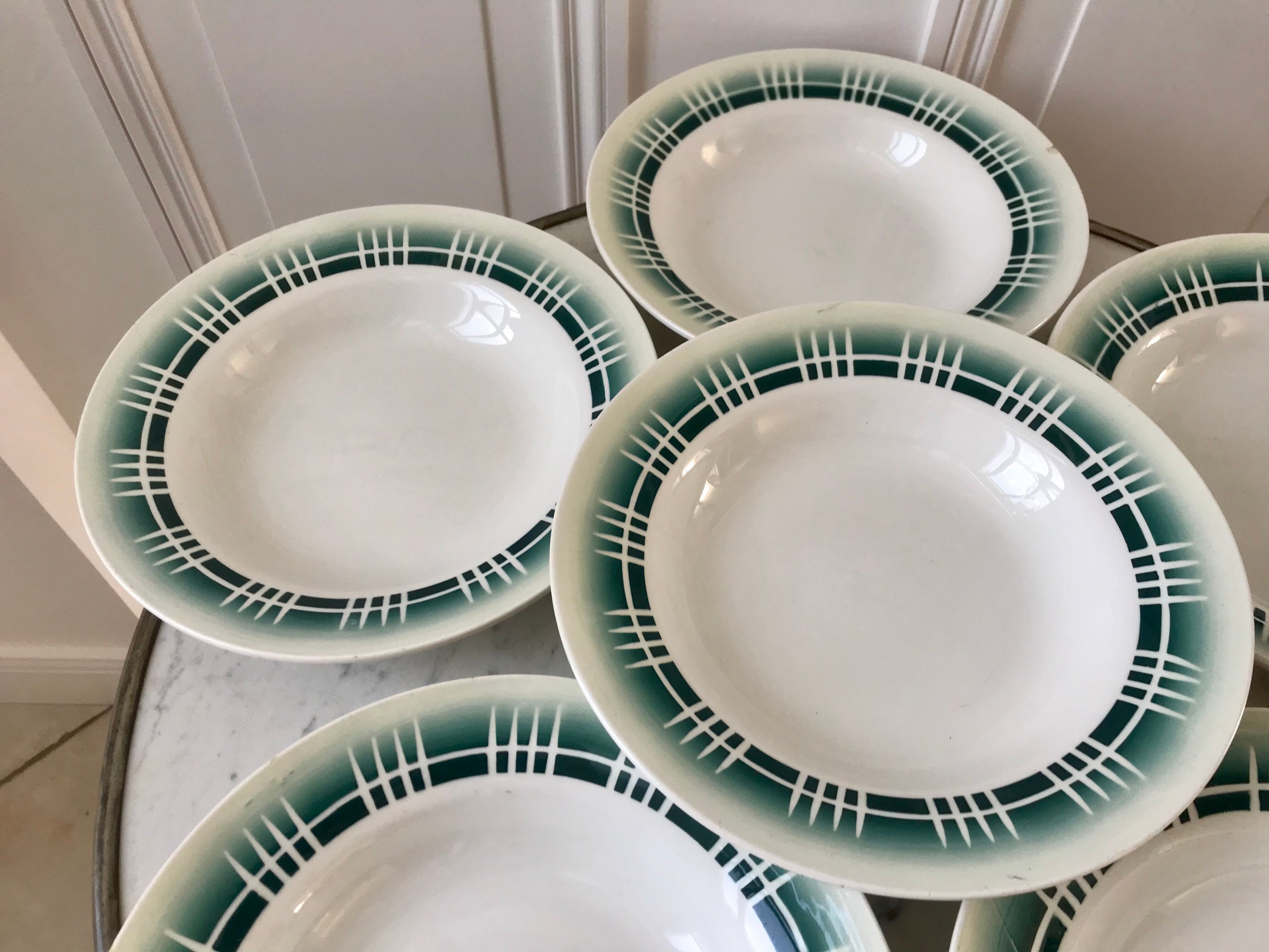 Set of 6 green hollow plates Digoin Sarreguemines 30s