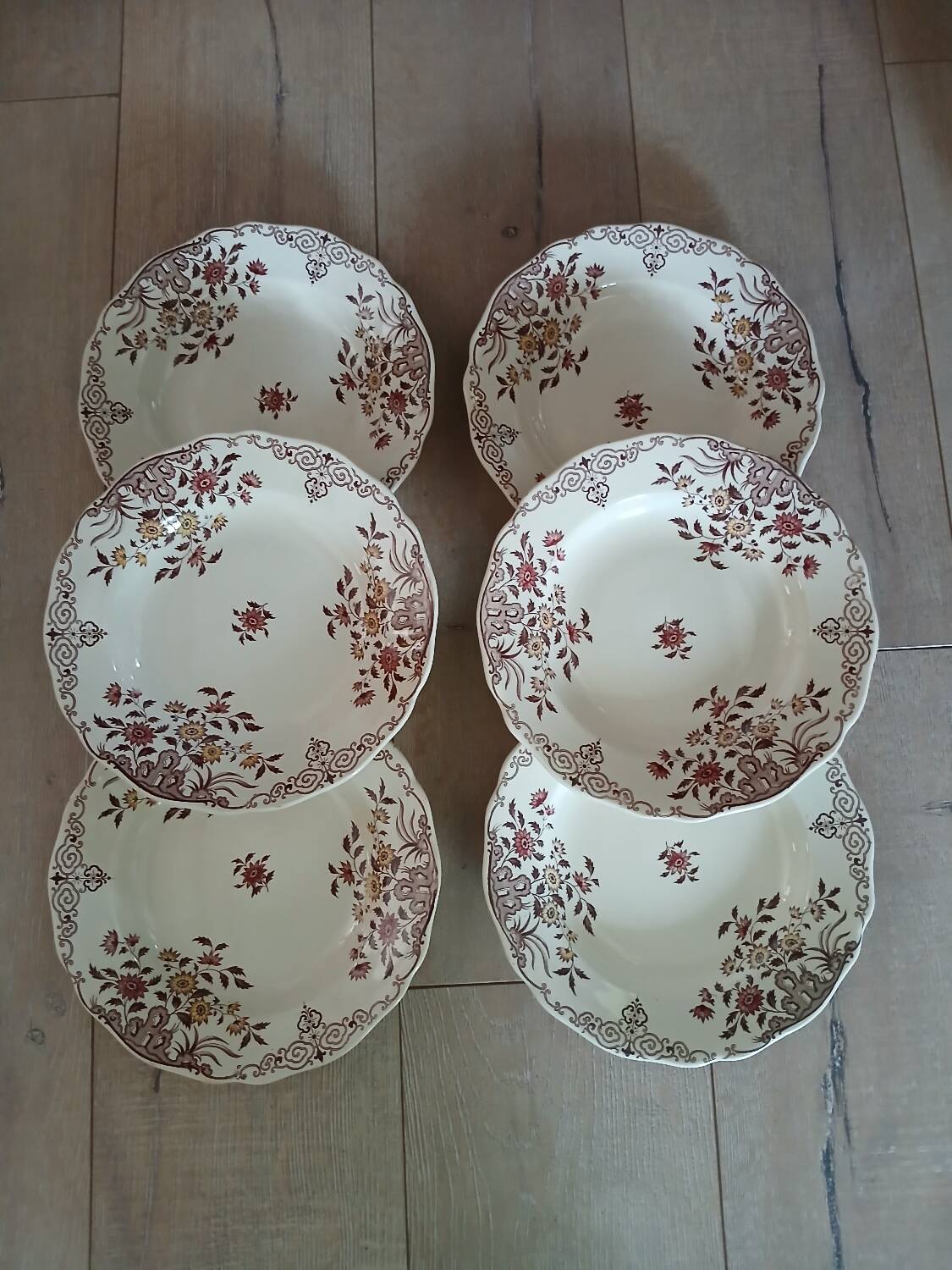 6 polychrome ironstone soup plates