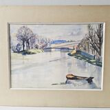 Watercolor on cardboard frame, canal view, signed Jean. Signature to be identified.