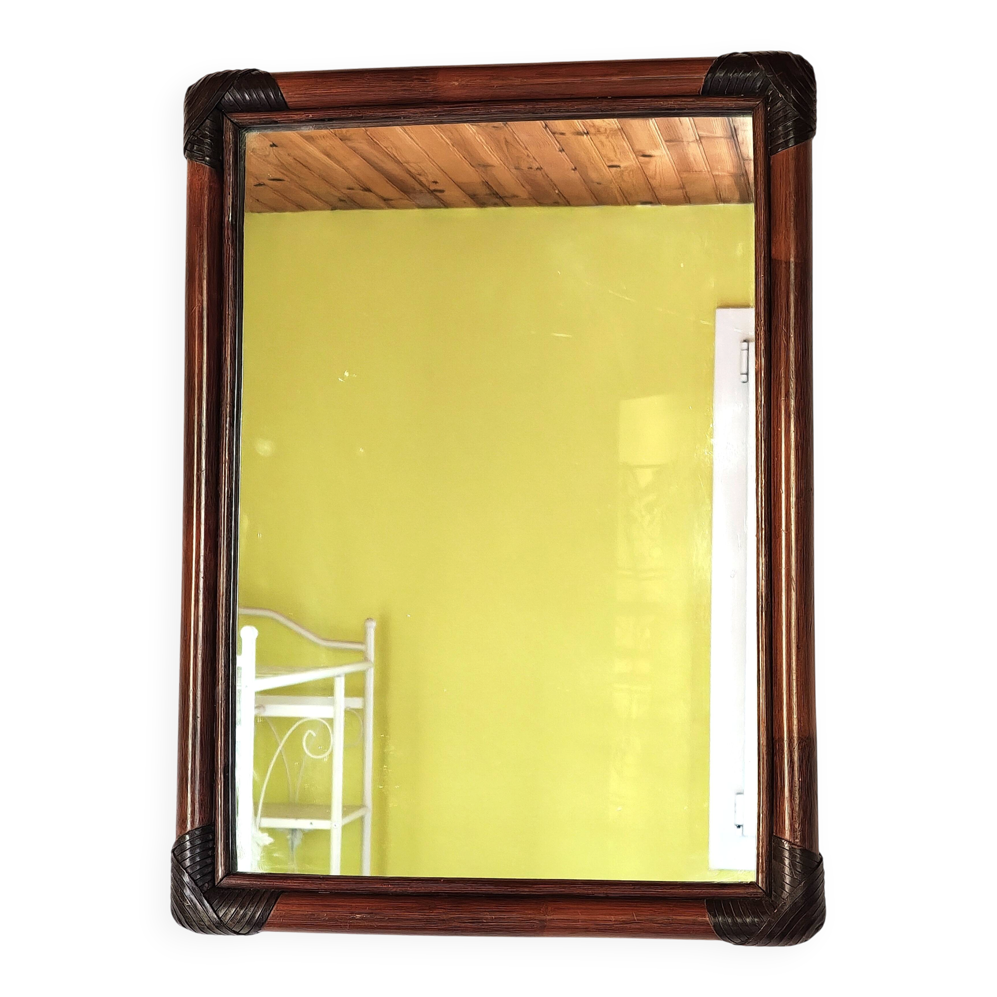 Antique mirror in bamboo and woven leather
