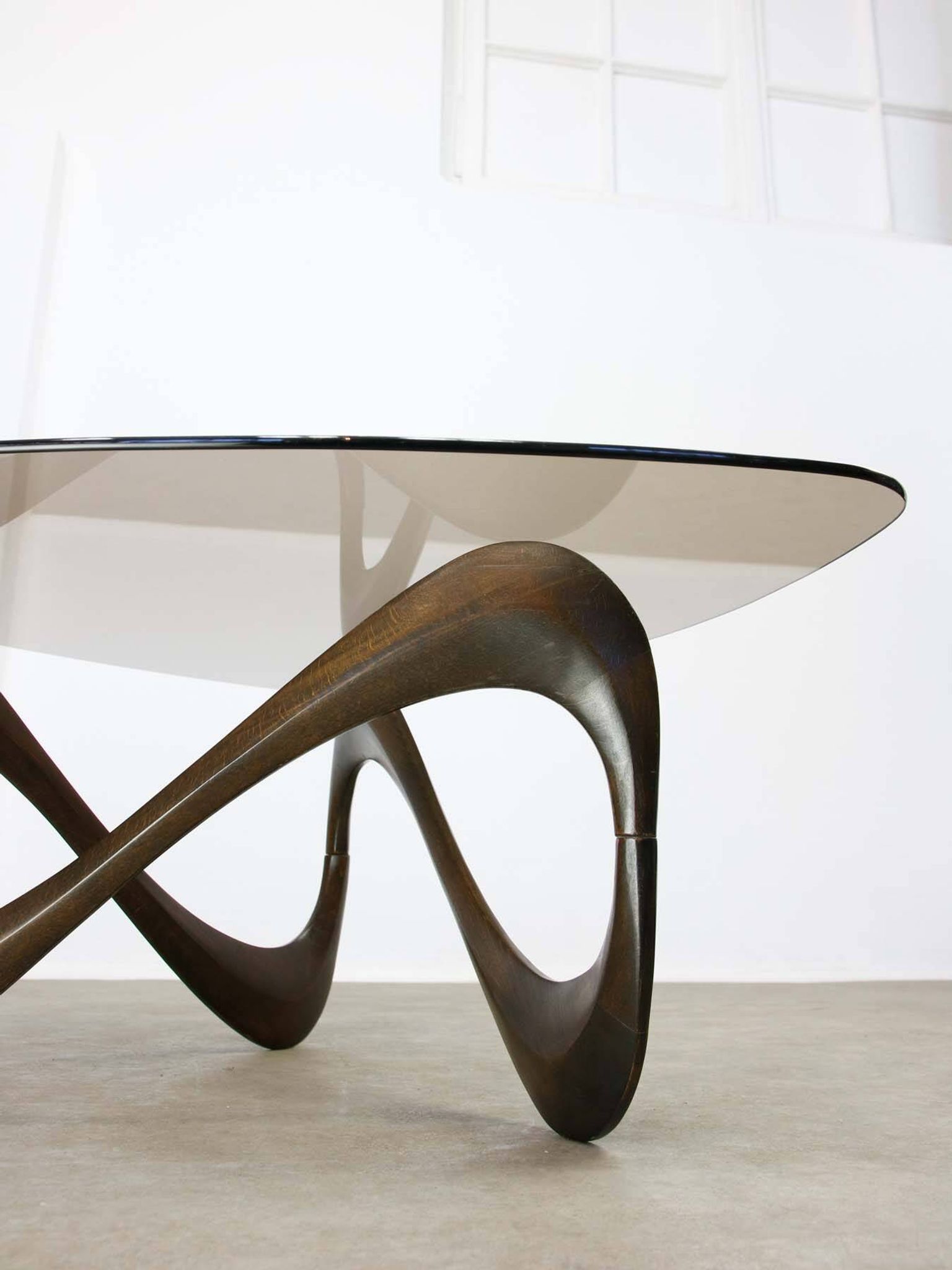 Italian Organic "Snake" Wooden and Smoked Glass Coffee Table, 1960s