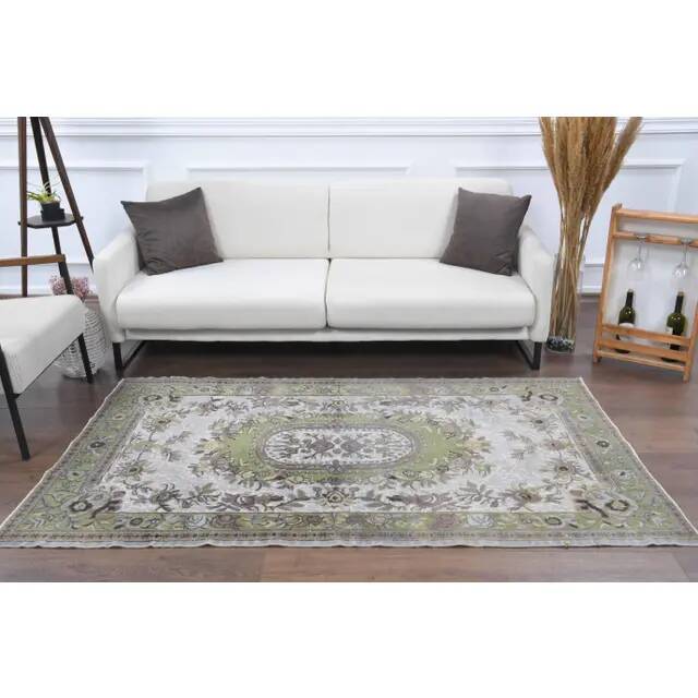 Vintage Turkish Oushak handmade wool cotton green area rug 108x225