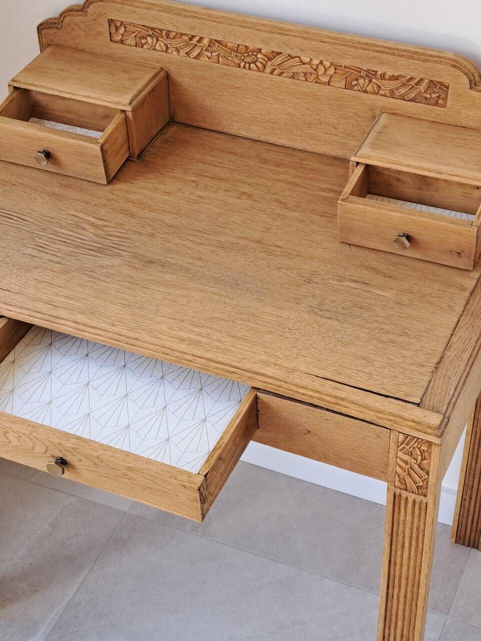 Art Deco oak desk, stripped finish, console size, 3 drawers.