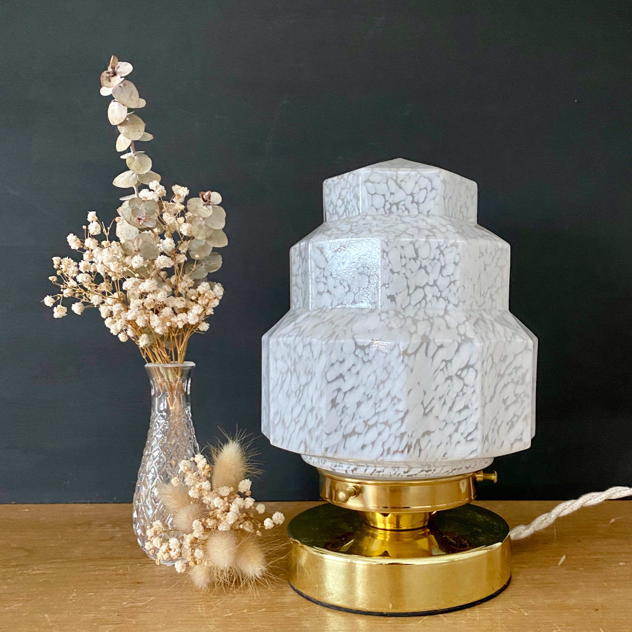 Table lamp vintage globe art deco glass of Clichy white