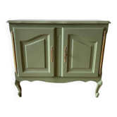 Louis XV buffet revamped — sage green, gilded brass handles, cabriole legs.