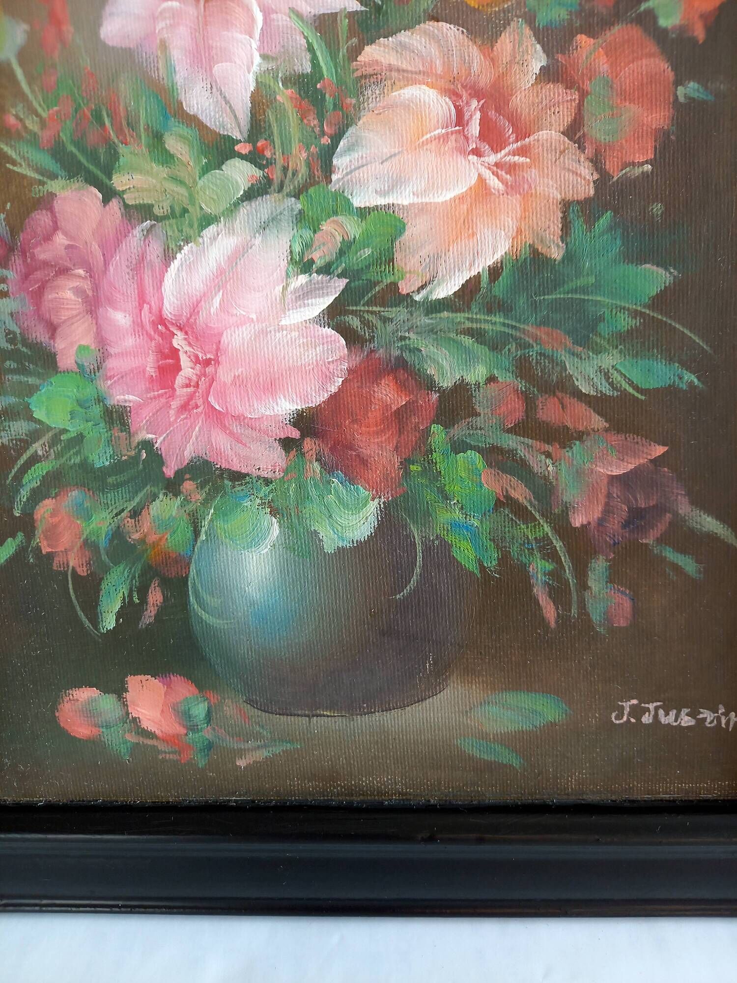 Old Painting Oil on Canvas Still Life Flowers J. Justin Signed