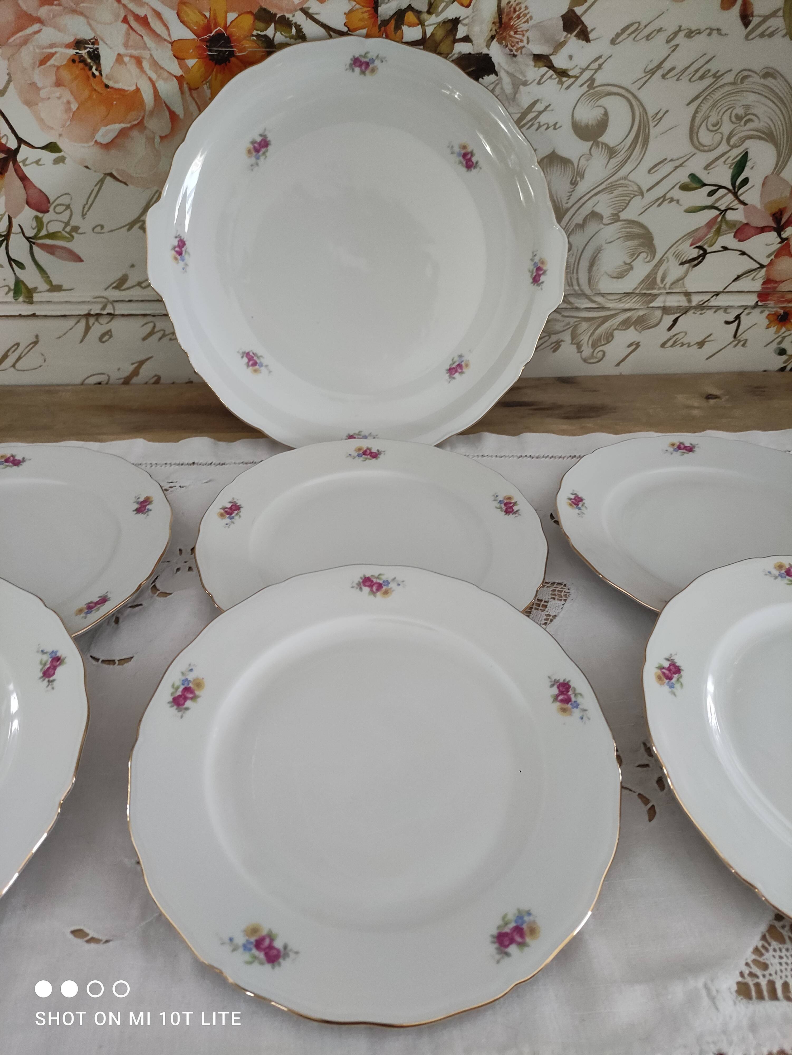 Dessert service 6 people 7 pieces porcelain Bavaria white decoration roses field flowers