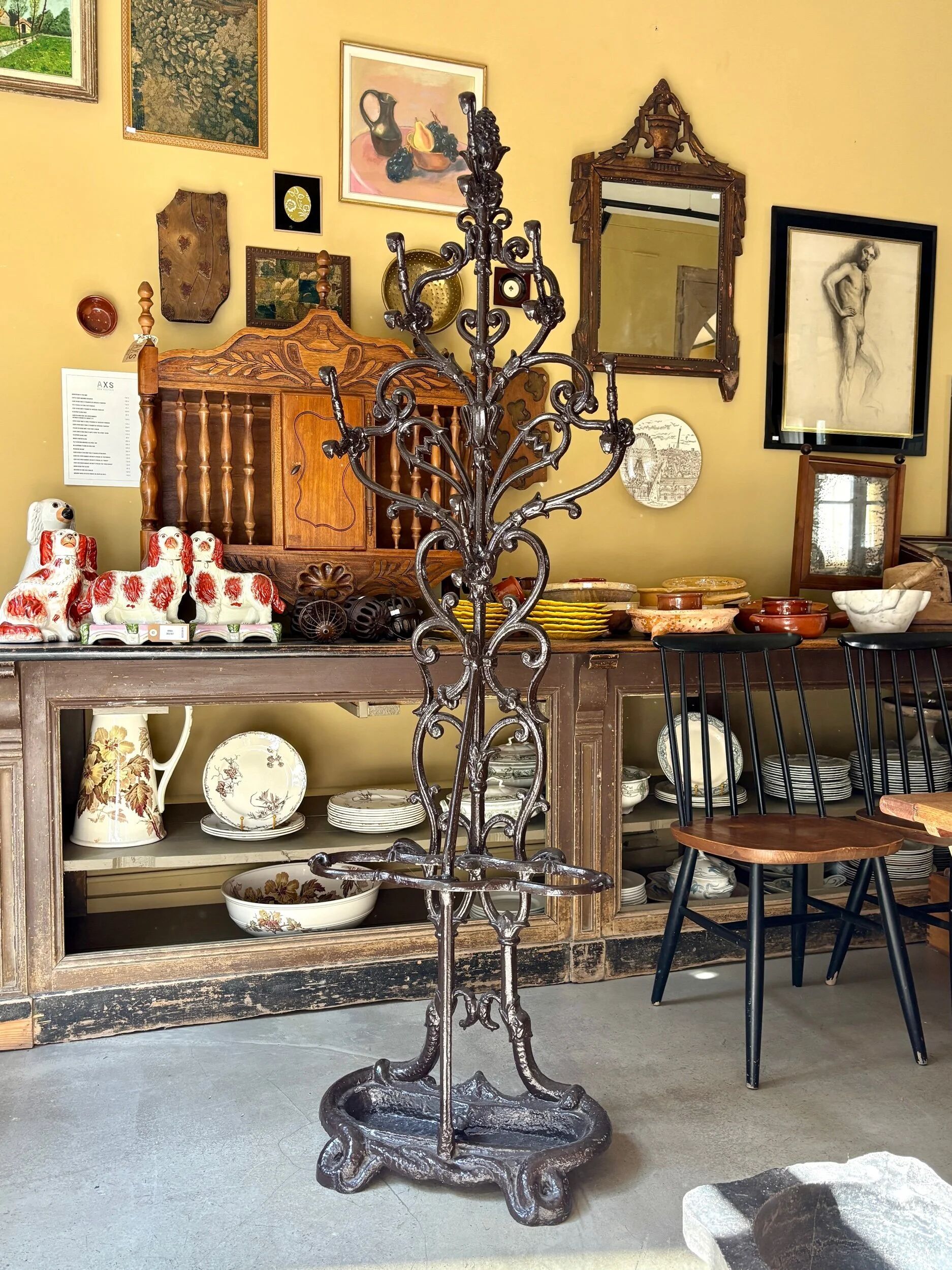 Coat rack with 6 hooks and cast iron brown umbrella stand.
