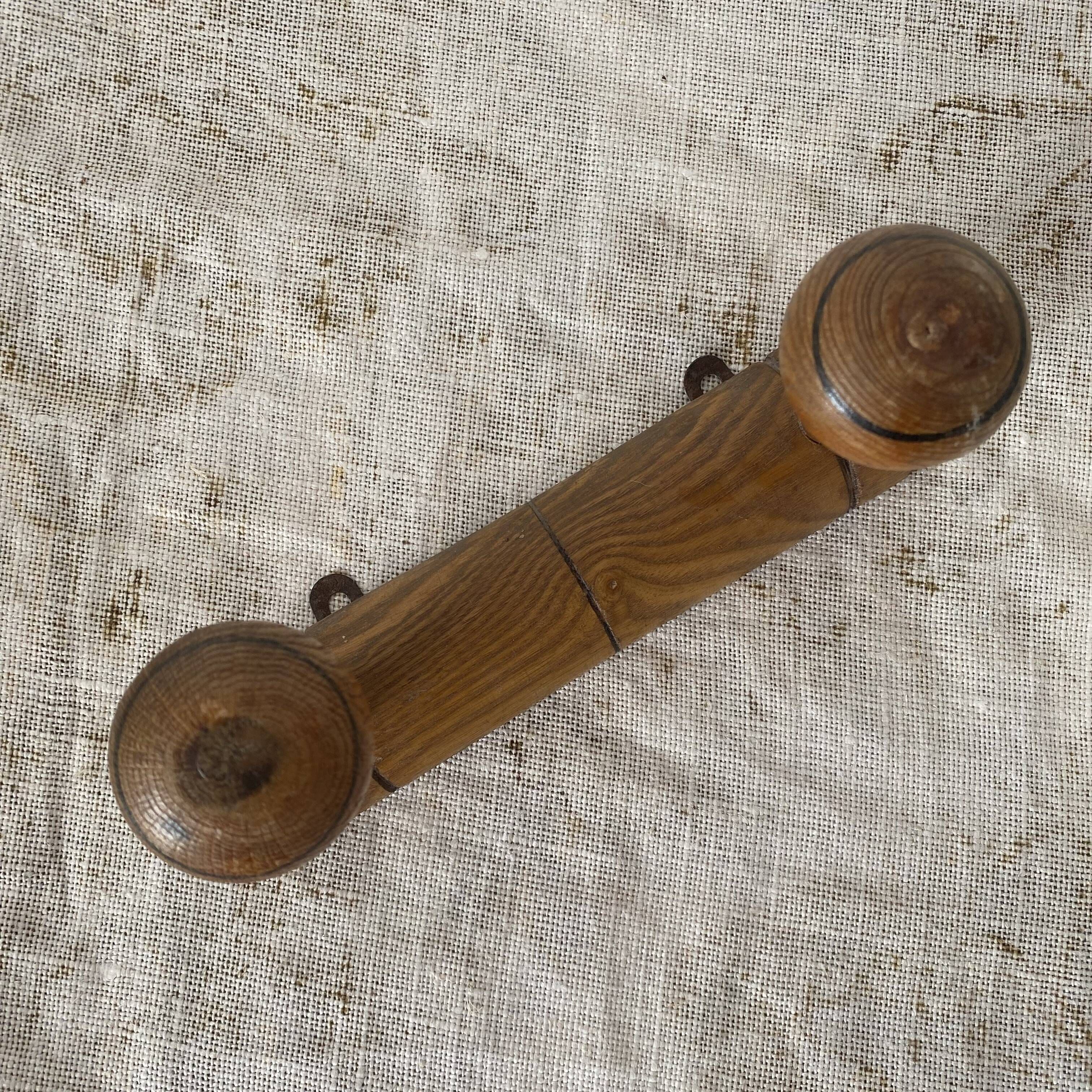 Antique turned wood wall coat rack with 2 hooks