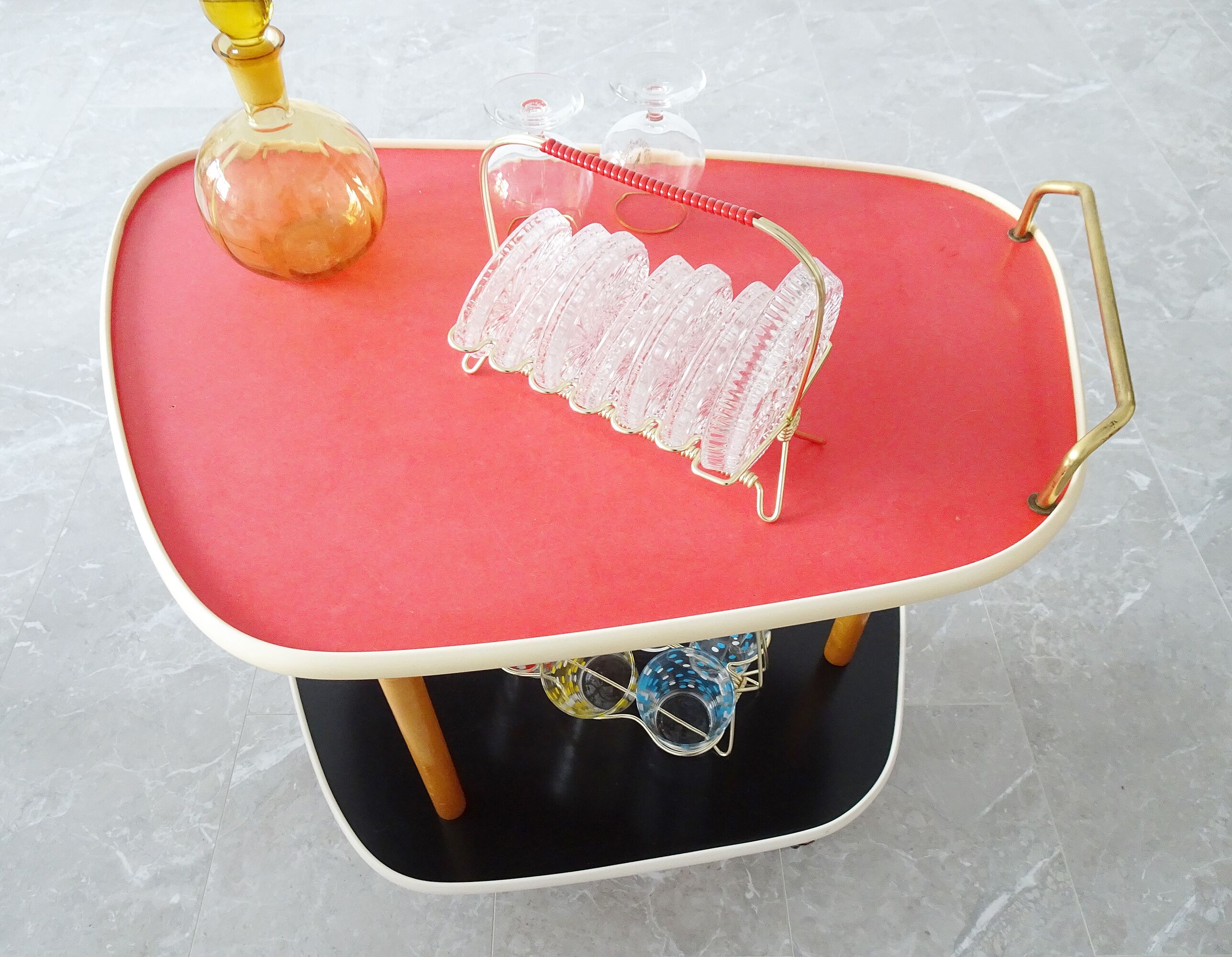 Glass coasters in stand, eight piece bar set, mid century bar accessories