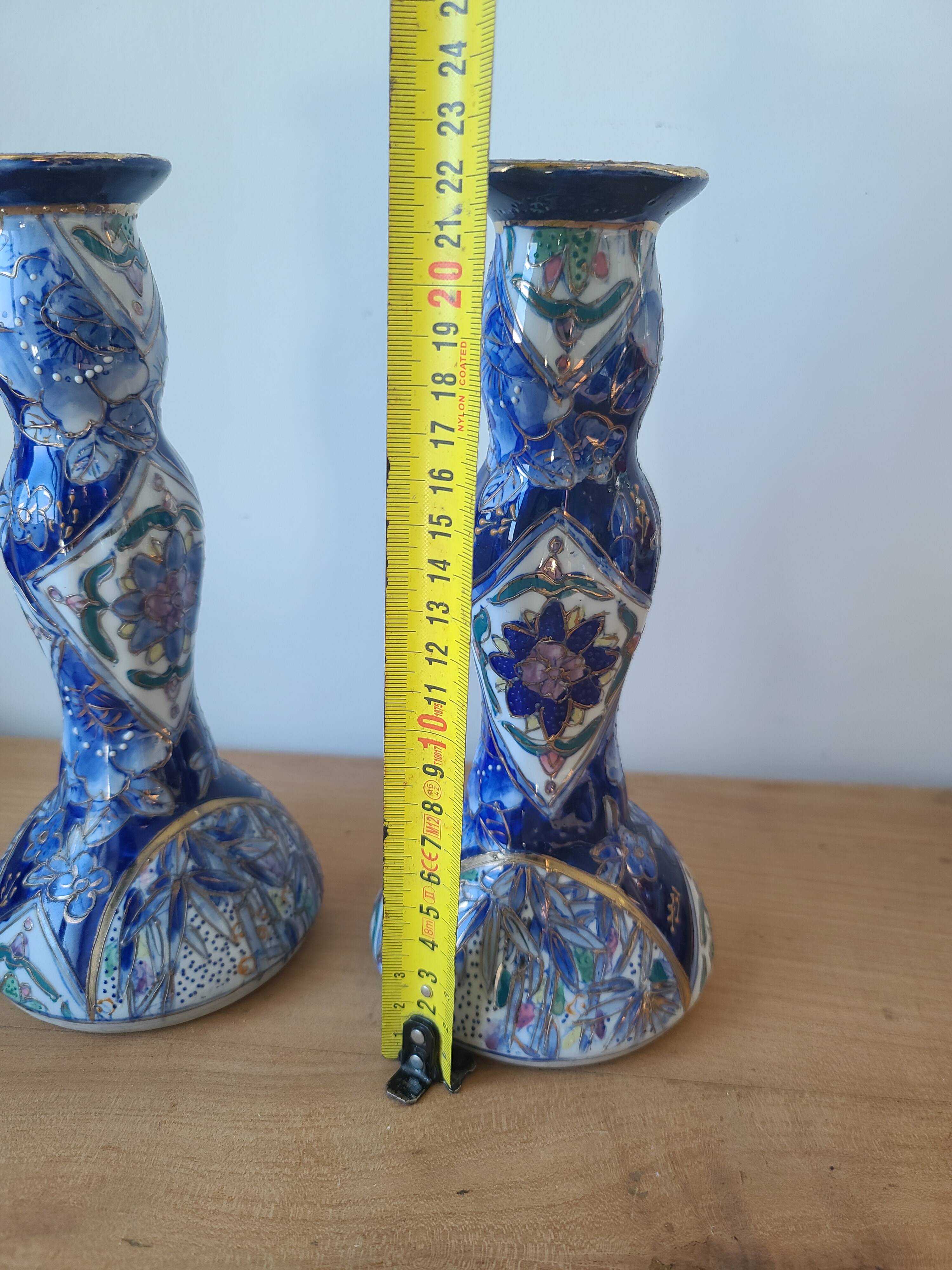 Vintage-style blue and gold floral ceramic candlesticks CHMR