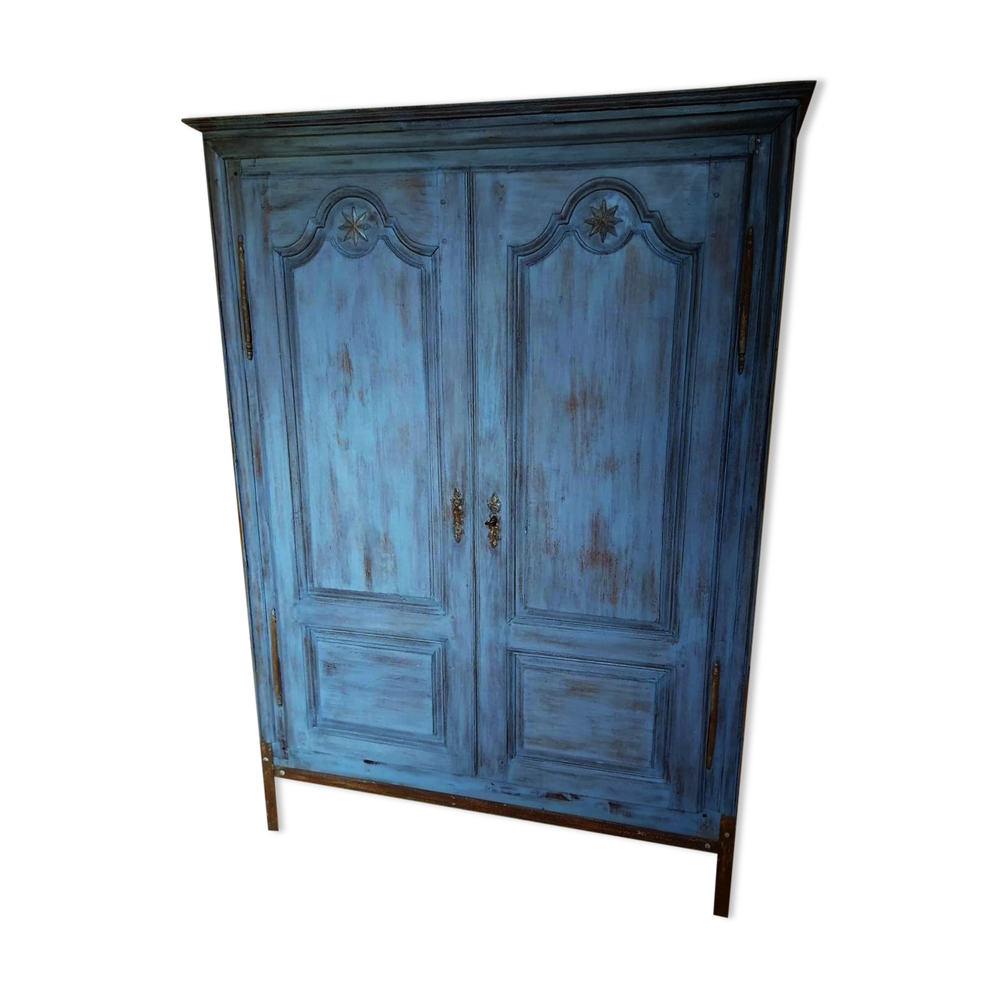 End 18th century wardrobe provençale all solid oak patinated blue by artisan cabinetmaker