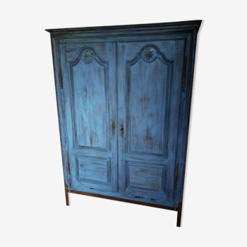 End 18th century wardrobe provençale all solid oak patinated blue by artisan cabinetmaker