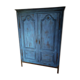 End 18th century wardrobe provençale all solid oak patinated blue by artisan cabinetmaker