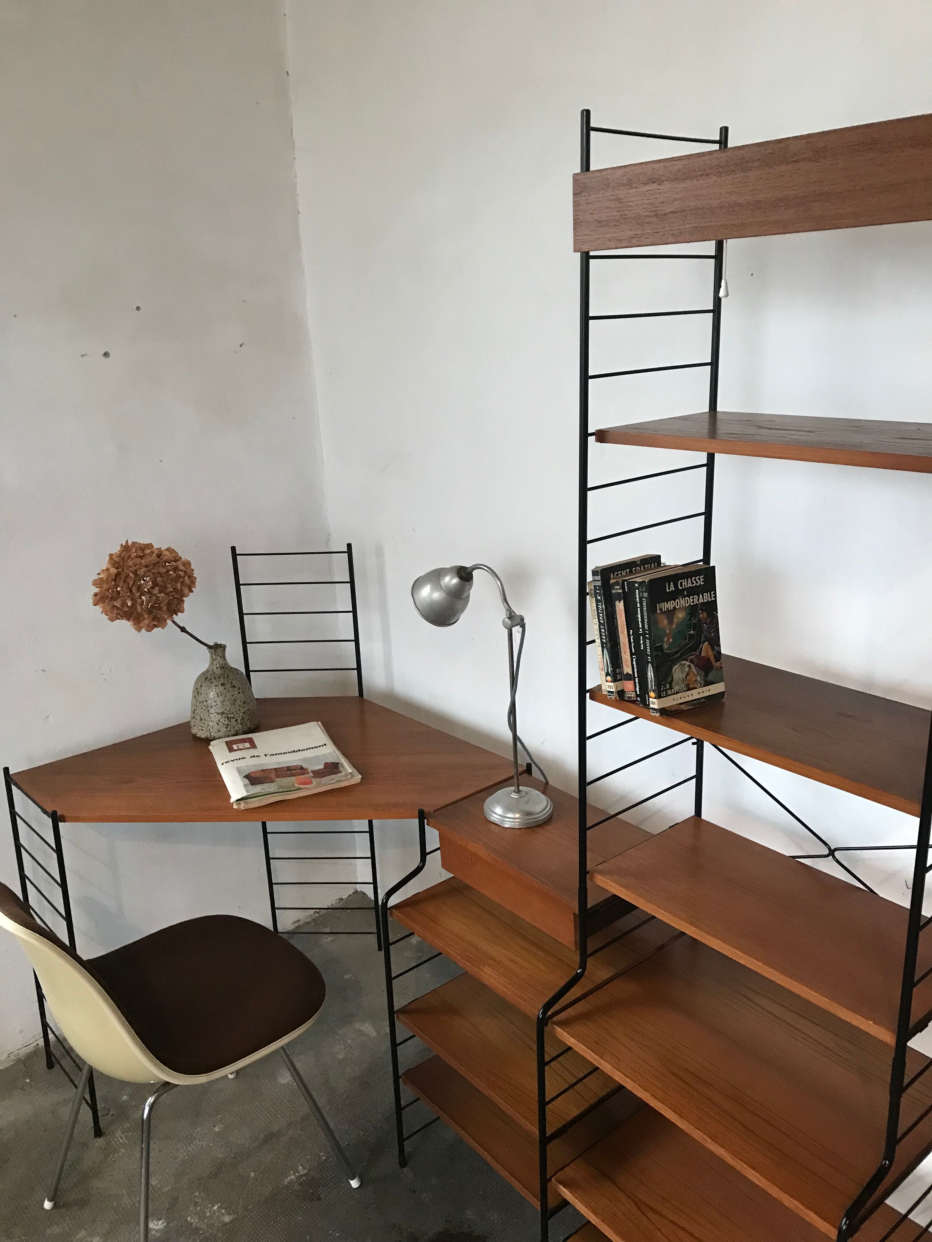 Modular vintage string wall shelf system with 1960-1980's desk